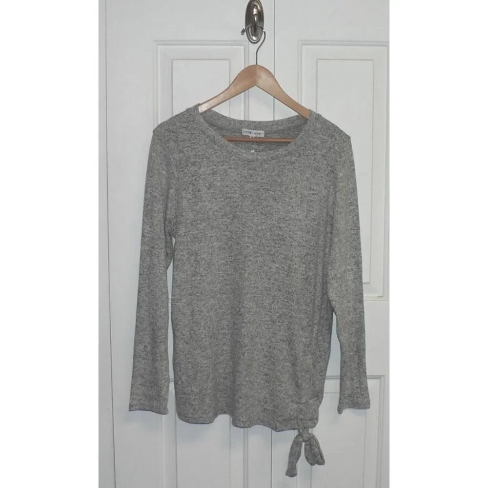 Thyme + Honey Women's Cozy Side Hem Tie Long Sleeve Pullover Sweater in Grey Med